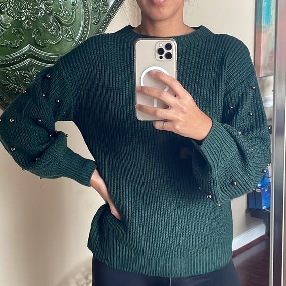 a.n.a Crewneck Knit Beaded Hunter Green Sweater Long Sleeves Blouse NWOT - Picture 7 of 9